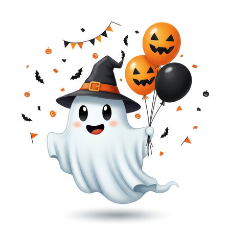 Halloween ghost with balloons, flags and bats. Vector illustration.の素材