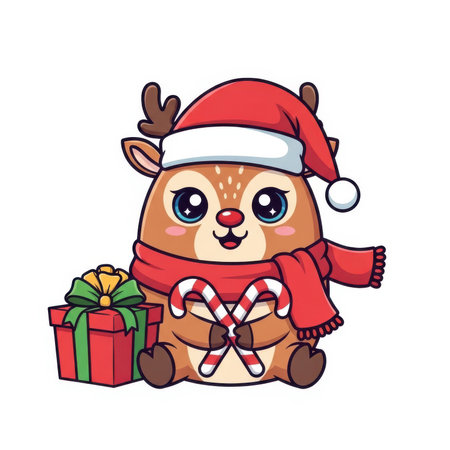 Santa showing cute cartoon reindeer with santa hat and candy canes. High resolution image suitable for commercial use. Clear details and vibrant colors enhance visual appeal.の素材