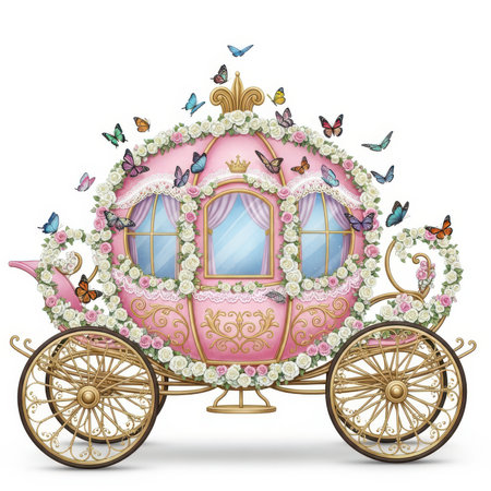 A whimsical pink princess carriage is intricately decorated with white roses, green leaves, and delicate lace trim. Numerous colorful butterflies flutter around the carriage, adding to its magical and fantastical appearance. The carriage features ornate gold detailing and large spoked wheels. It is presented on a white background.の素材