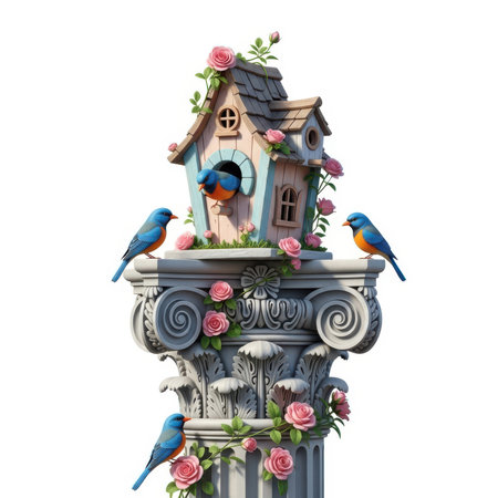 Roses showing whimsical birdhouse on ornate column with bluebirds and roses. High resolution image suitable for commercial use. Clear details and vibrant colors enhance visual appeal.の素材