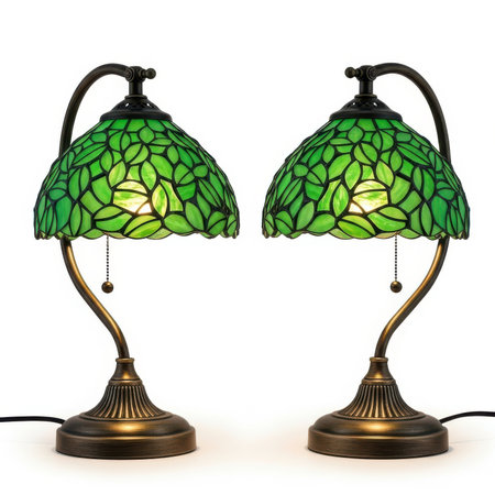A pair of identical table lamps with green stained glass shades featuring a leaf motif. The lamps have curved bronze-colored arms and ornate bases. Each lamp has a pull chain for illumination, and the glass emits a warm, inviting light. They are presented against a clean white background.の素材