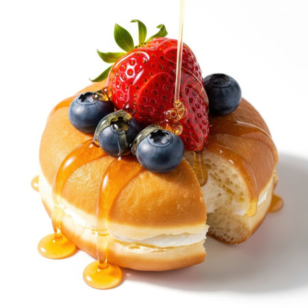 A close-up studio shot of a glazed donut filled with white cream and topped with a fresh strawberry and blueberries. Golden honey is being drizzled over the toppings, creating a tempting and delicious visual. The donut is cut to reveal the creamy filling.の素材