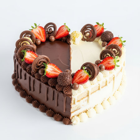 A heart-shaped cake is divided in half, with one side covered in dark chocolate ganache and the other in white vanilla frosting. Both halves are adorned with fresh strawberries, chocolate swirls, and chocolate truffles. The cake is presented on a white background.の素材