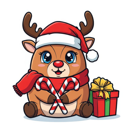 A cute, cartoon-style reindeer sits holding two red and white striped candy canes. The reindeer wears a red Santa hat and a matching red scarf. Next to it is a wrapped gift with a yellow bow. The character has large blue eyes and a friendly expression. The illustration is isolated on a white background.の素材