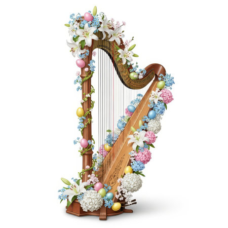 Harp with flowers and eggs isolated on white background. 3d illustrationの素材