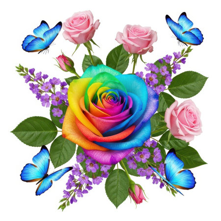 floral bouquet with roses and butterflies isolated on white background.の素材