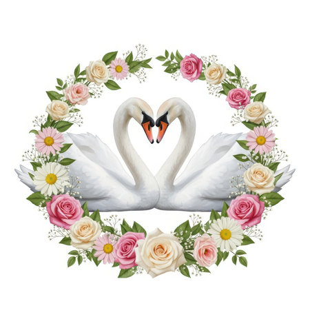 Wreath of roses and swans isolated on white background. Vector illustration.の素材