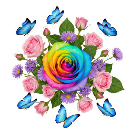 A vibrant rainbow-colored rose is at the center of a circular arrangement of pink roses, purple aster flowers, and green leaves. Several bright blue butterflies are positioned around the rose and flowers, appearing to fly. The composition is set against a clean white background.の素材