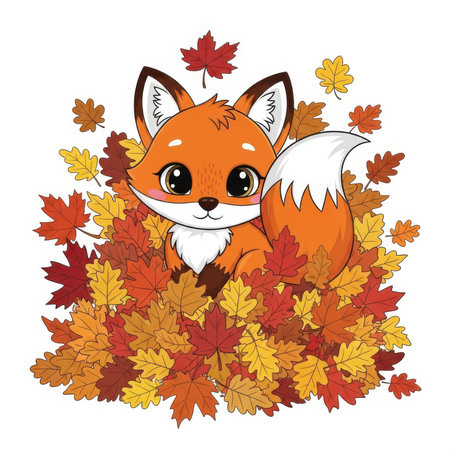 A charming cartoon fox with large, expressive eyes is nestled within a pile of colorful autumn leaves. The fox is orange and white with a bushy tail. The leaves are in shades of red, orange, and yellow, creating a vibrant fall scene. The illustration is presented on a white background.の素材