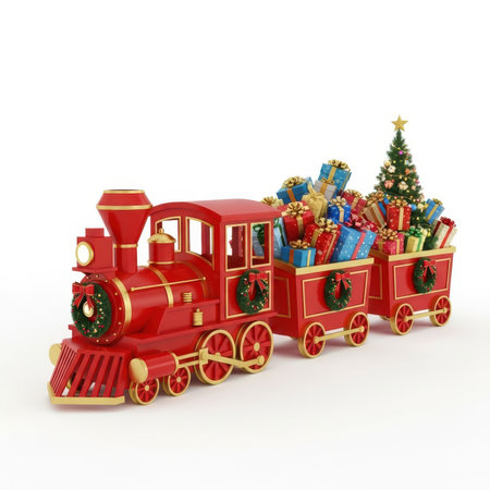 Red toy train with Christmas tree and gifts on a white background. 3D illustrationの素材