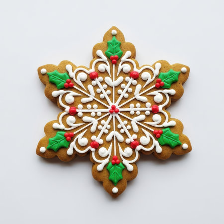 Christmas gingerbread cookie with snowflake on white background. Top viewの素材