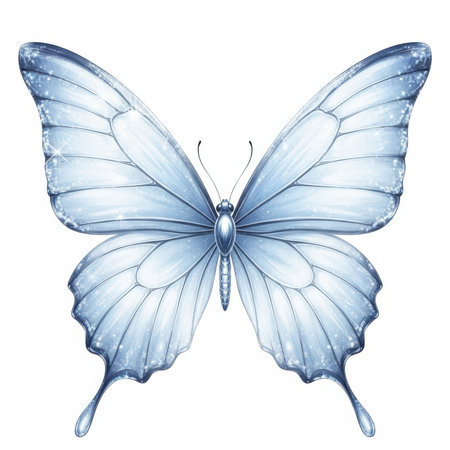 A beautiful, ethereal butterfly with large, intricately patterned wings is depicted in a shimmering, light blue hue. The wings are adorned with tiny, sparkling highlights that give the impression of glitter or frost. The butterfly's body is a darker shade of blue, and its antennae are delicate and curved. The overall effect is one of delicate beauty and enchantment.の素材