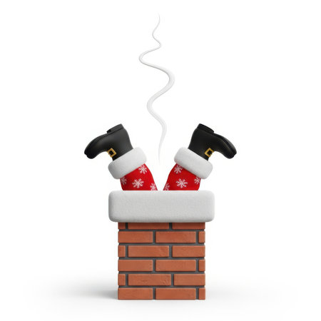 A humorous cartoon illustration depicts Santa Claus's legs sticking out of a brick chimney. His black boots with gold buckles and red socks adorned with white snowflakes are visible. A wispy trail of white smoke curls upwards from the top of the chimney, suggesting Santa is either stuck or has just arrived. The background is white, isolating the festive scene.の素材