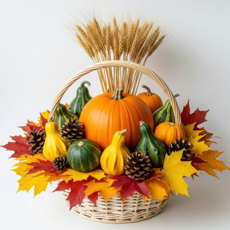 Autumn showing autumn harvest basket with pumpkins and gourds. High resolution image suitable for commercial use. Clear details and vibrant colors enhance visual appeal.の素材