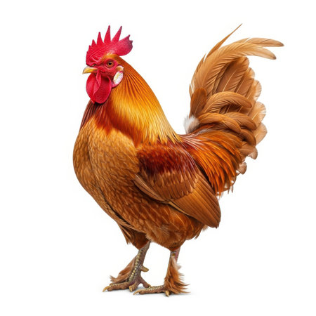 A full-body, isolated studio shot of a majestic rooster standing proudly. The bird displays rich, vibrant plumage in shades of brown and orange, with a striking red comb and wattle. Its tail feathers are long and fanned out. The rooster is captured in sharp detail against a clean white background, highlighting its natural beauty and form.の素材