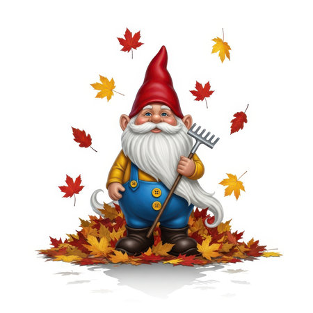 A charming garden gnome stands in a pile of colorful autumn leaves, holding a rake. The gnome wears a red pointed hat, a yellow shirt, and blue overalls with yellow buttons. Red and yellow leaves are scattered around him and falling from above. The image is set against a white background.の素材