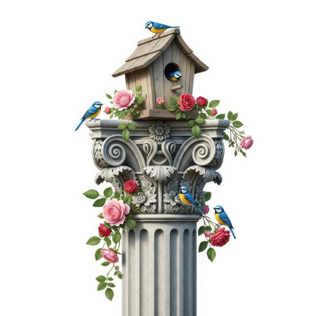 An intricately carved classical column with a Corinthian capital is decorated with blooming pink and red roses and lush green vines. A small wooden birdhouse sits atop the column, with several bluebirds perched on the birdhouse and surrounding elements. The image is set against a clean white background.の素材