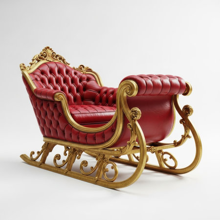 A richly decorated sleigh, designed for Santa Claus, is presented. It features a tufted red leather seat and backrest, complemented by ornate gold-colored metalwork on the frame and runners. The sleigh rests on a white background, highlighting its intricate details and luxurious appearance.の素材