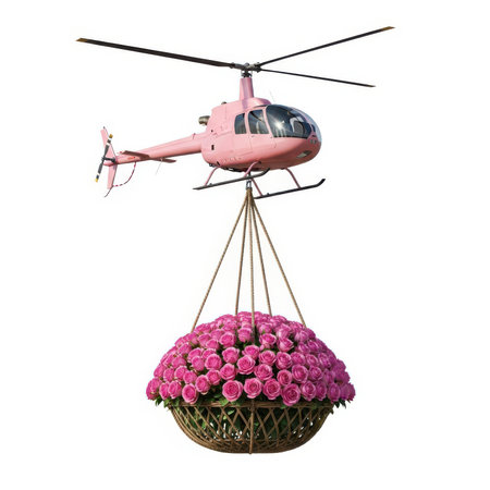 A bright pink helicopter is captured mid-air, suspended by thick ropes, carrying a large, round woven basket overflowing with a dense bouquet of vibrant pink roses. The helicopter's rotors are spinning, and the basket of flowers appears to be a special delivery. The background is white.の素材