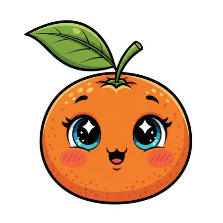 A vibrant and adorable cartoon illustration of an orange character with large, sparkling blue eyes and rosy cheeks. It has a cheerful expression with its mouth open and a green leaf attached to its stem. The character is isolated on a white background.の素材