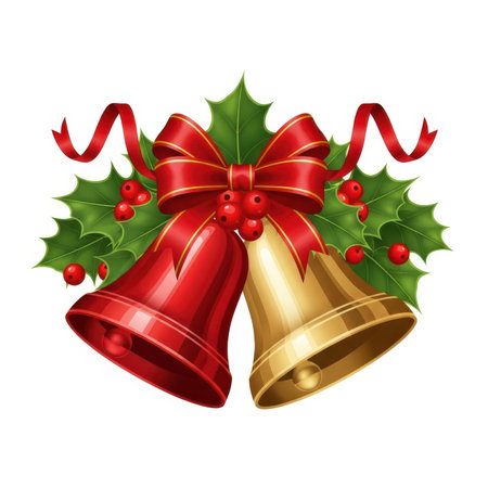 A festive arrangement of two shiny bells, one red and one gold, are intertwined with vibrant green holly leaves and bright red berries. A large, elegant red ribbon with a golden trim is tied in a bow above the bells, with streamers flowing outwards. This classic Christmas motif evokes a sense of holiday cheer and tradition.の素材