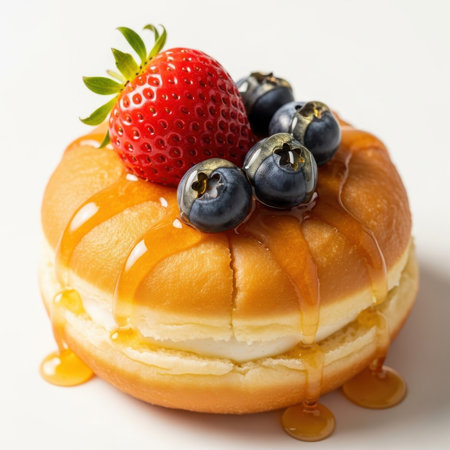 A close-up, detailed view of a golden-brown donut filled with white cream. The donut is generously drizzled with a glistening amber glaze that drips down the sides. Topped with a bright red strawberry and several plump blueberries, the pastry looks fresh and inviting. The image is presented on a clean white background, emphasizing the textures and colors of the dessert.の素材