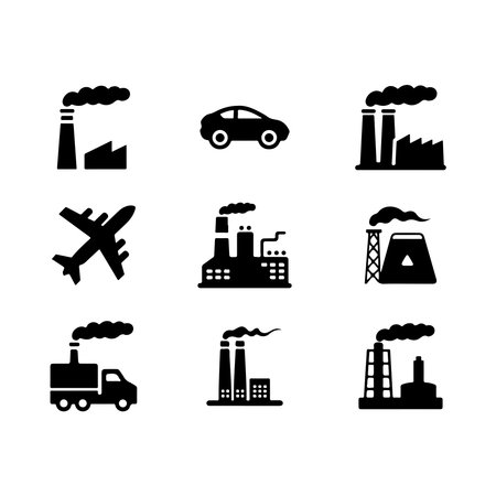 Air pollution icon set. Collection of black icons on white background.のイラスト素材