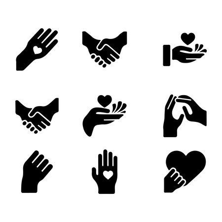 Set of hands and heart icons. Black and white design. Vector illustration.のイラスト素材