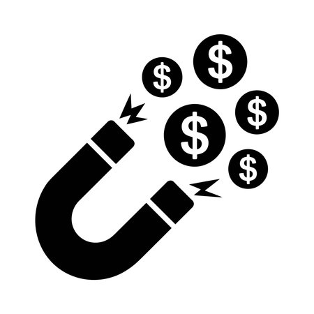 money concept, magnet with coins icon over white background, silhouette style, vector illustrationのイラスト素材