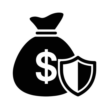 Money bag with shield icon. Black and white illustration. Flat styleのイラスト素材