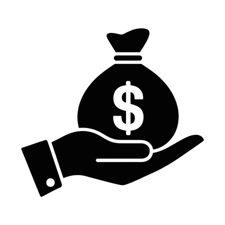 hand with money bag icon over white background, silhouette style, vector illustrationのイラスト素材
