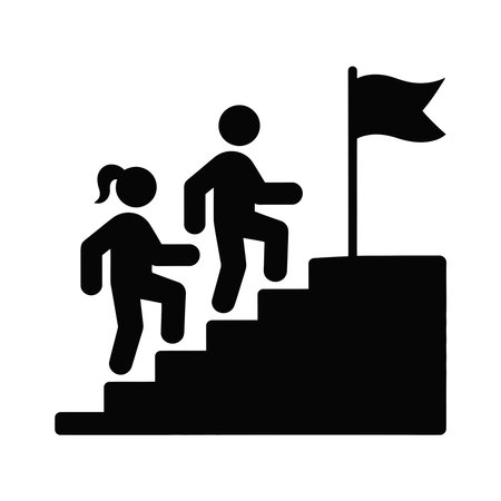 family pictogram with stairs and flag icon over white background, silhouette style, vector illustrationのイラスト素材