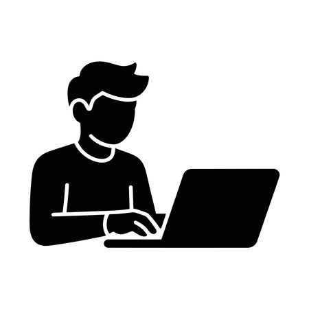 Man with laptop black icon, concept illustration, vector flat symbol, glyph sign.のイラスト素材
