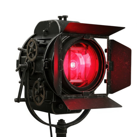 Old red spotlight isolated on white background with clipping path. Studio shot.の素材