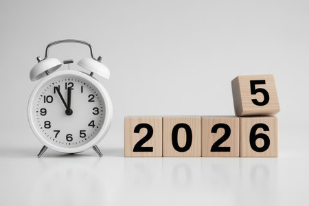 New year concept with white alarm clock and wooden cubes with the word 2020.の素材
