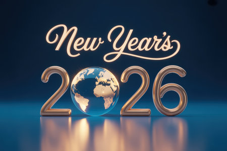 New Year 2016 with globe on blue background. 3D Renderingの素材