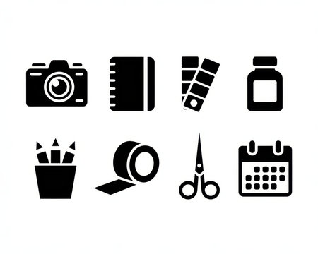 Stationery icons set on white background. Black and white illustration.の素材