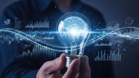 Businessman on blurred background using digital brain interface with glowing light bulb 3D renderingの素材