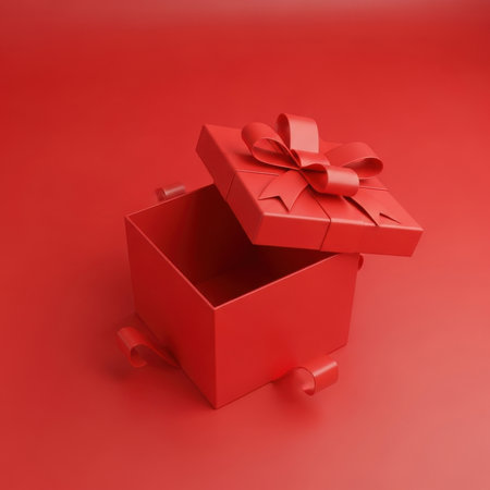 Red gift box with a red bow on a red background. 3d renderingの写真素材