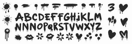 Vector set of black and white monochrome alphabet letters, numbers and symbols.のイラスト素材