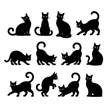 Set of black cats silhouettes isolated on white background. Vector illustration.のイラスト素材