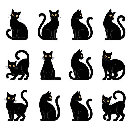 A collection of twelve stylized black cat illustrations on a white background. The cats are depicted in various poses including sitting, standing, walking, and stretching. Each cat has bright yellow eyes and simple grey outlines defining their form. The style is clean and graphic, with a focus on the silhouette and posture of the animals.のイラスト素材