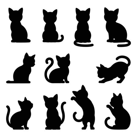 A collection of twelve black cat silhouettes is displayed against a white background. The cats are depicted in various poses including sitting, standing, stretching, and looking alert. The simple, graphic style emphasizes the outlines of the felines.のイラスト素材