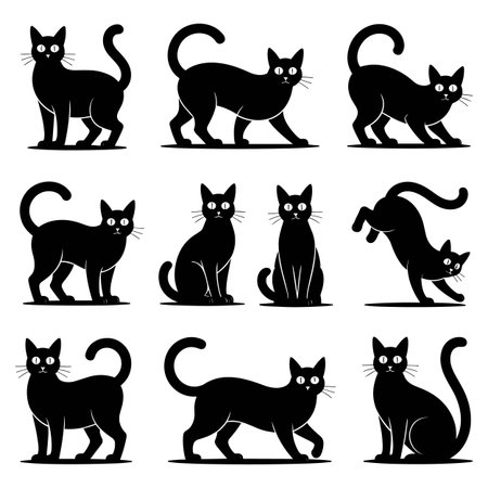 A collection of nine black cat silhouettes displayed against a white background. The cats are depicted in various poses including standing, sitting, walking, and stretching. Each silhouette features simple white outlines for eyes, nose, and whiskers, giving them a stylized appearance.のイラスト素材