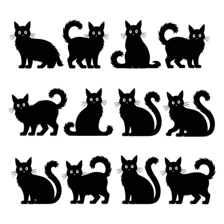A collection of twelve black cat silhouettes displayed against a white background. The cats are depicted in various poses including sitting, standing, and walking. Each silhouette features distinct details like pointed ears, round eyes, and prominent whiskers. The tails are shown in different positions, some curled, some upright, and some bushy. The overall style is a simple, graphic illustration.のイラスト素材