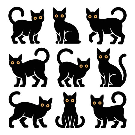 A grid of nine stylized black cats with bright orange circular eyes. The cats are depicted in various poses including standing, sitting, and walking. Each cat has a simple, graphic design with rounded edges and white accents on their legs. The background is plain white.のイラスト素材