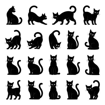 A collection of 15 black cat silhouettes displayed against a white background. The cats are depicted in a variety of poses including sitting, stretching, and in a playful stance. Each silhouette features subtle grey lines to indicate facial features like eyes and whiskers, and some have tails curled or raised.のイラスト素材