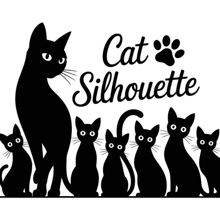 A graphic illustration features multiple black cat silhouettes against a white background. The silhouettes vary in size and pose, with some sitting and one larger cat standing. Text reading "Cat Silhouette" is prominently displayed in a stylized font, accompanied by a black paw print graphic. The cats have simple white oval eyes and visible whiskers.のイラスト素材