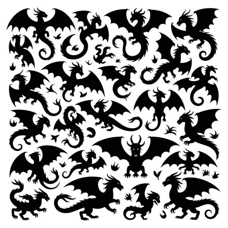 A collection of black dragon silhouettes against a white background. The dragons are depicted in various poses including flying with outstretched wings, standing on four legs, and coiled. They feature details like horns, scales, claws, and tails. Some smaller dragon-like shapes and wing fragments are also present.のイラスト素材