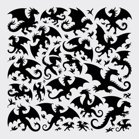 A collection of black dragon silhouettes is scattered across a light gray background. The dragons are depicted in various poses, some with wings spread wide, others with tails curled. Small leaf-like shapes are interspersed among the dragons. The overall composition is a graphic pattern of mythical creatures.のイラスト素材
